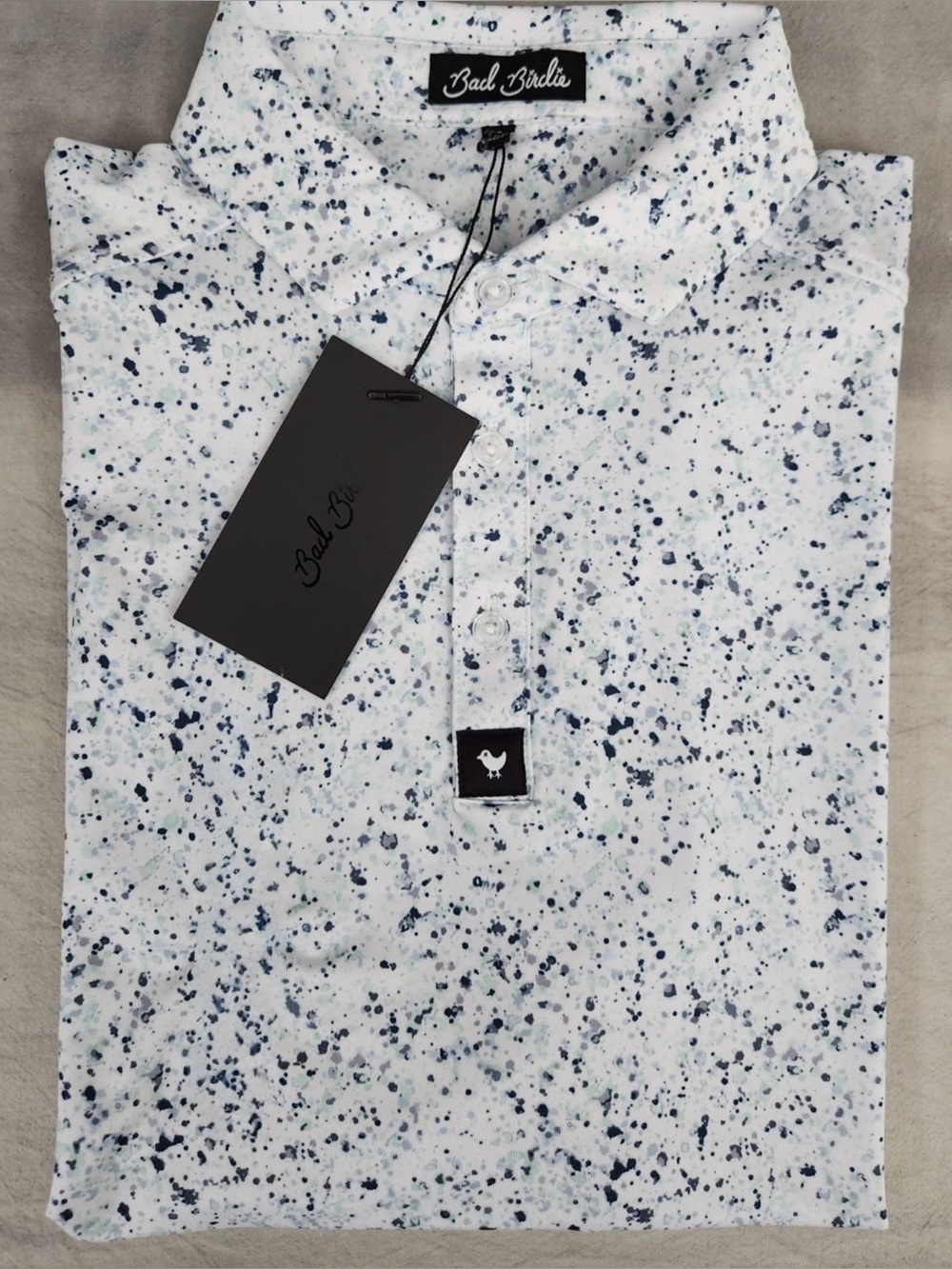NWT Bad Birdie Men’s PAINT SPLATTER 3 Golf Polo  Large White/Navy $88 MSRP